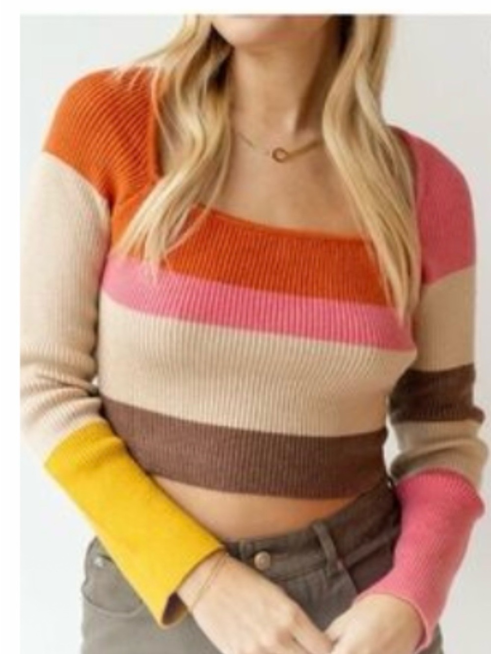 Le Lis Multicolor Striped Square Neck Cropped Sweater